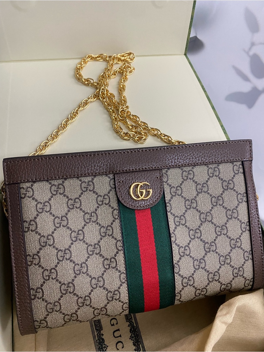Gucci Beige Brown GG Supreme Canvas Shoulder Bag with Green-Red Web